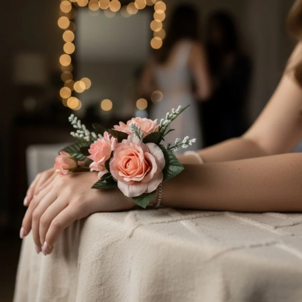 Elegant Peach artificial Floral wristband corsage or pin on corsage Arrangement